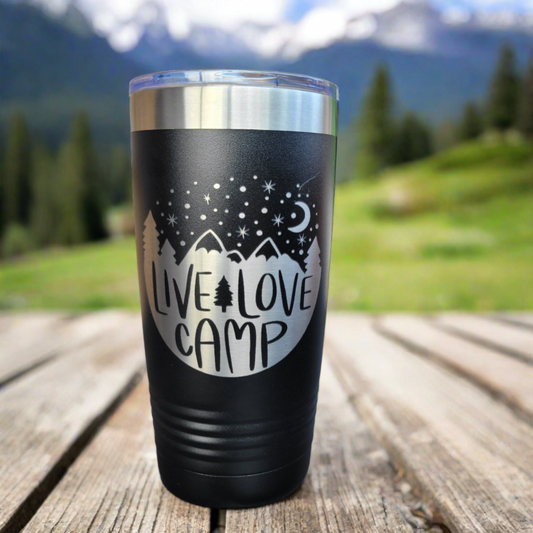 Camping Themed Insulated Tumbler, Engraved 20oz / 22oz/ 30oz Insulated Tumbler / Bottle - Hiking Camping Tumbler - Live Love Camp - Wood Unlimited#