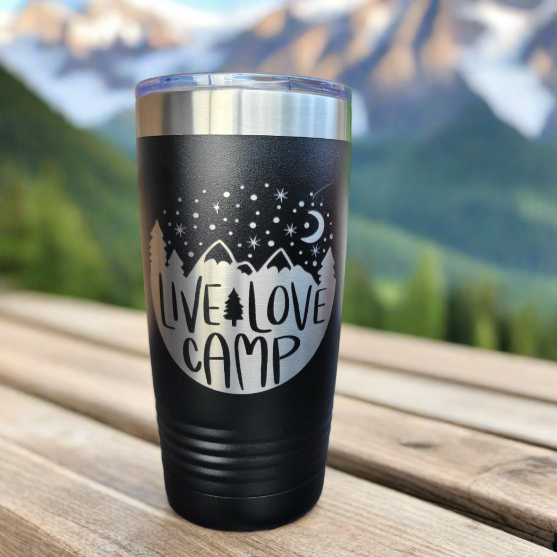 Camping Themed Insulated Tumbler, Engraved 20oz / 22oz/ 30oz Insulated Tumbler / Bottle - Hiking Camping Tumbler - Live Love Camp - Wood Unlimited#