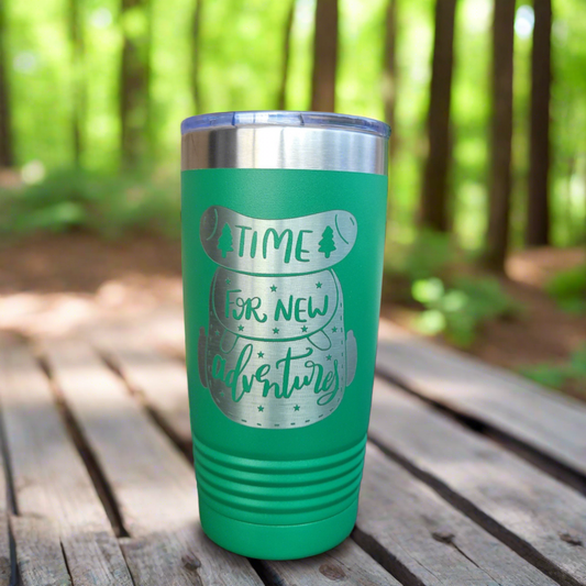 Camping Themed Insulated Tumbler, Engraved 20oz / 22oz/ 30oz Insulated Tumbler / Bottle - Hiking Camping Tumbler - Time for a new adventure - Wood Unlimited#