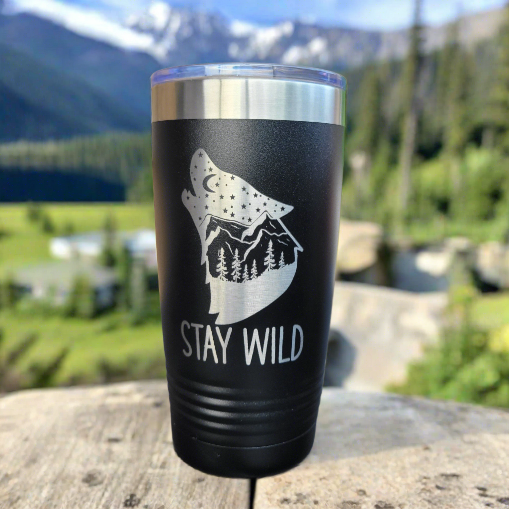 Camping Themed Insulated Tumbler, Engraved 20oz / 22oz/ 30oz Insulated Tumbler / Bottle - Wolf Camping Tumbler - Stay Wild - Wood Unlimited#, Drink Tumbler Gift for Camping Enthusiast