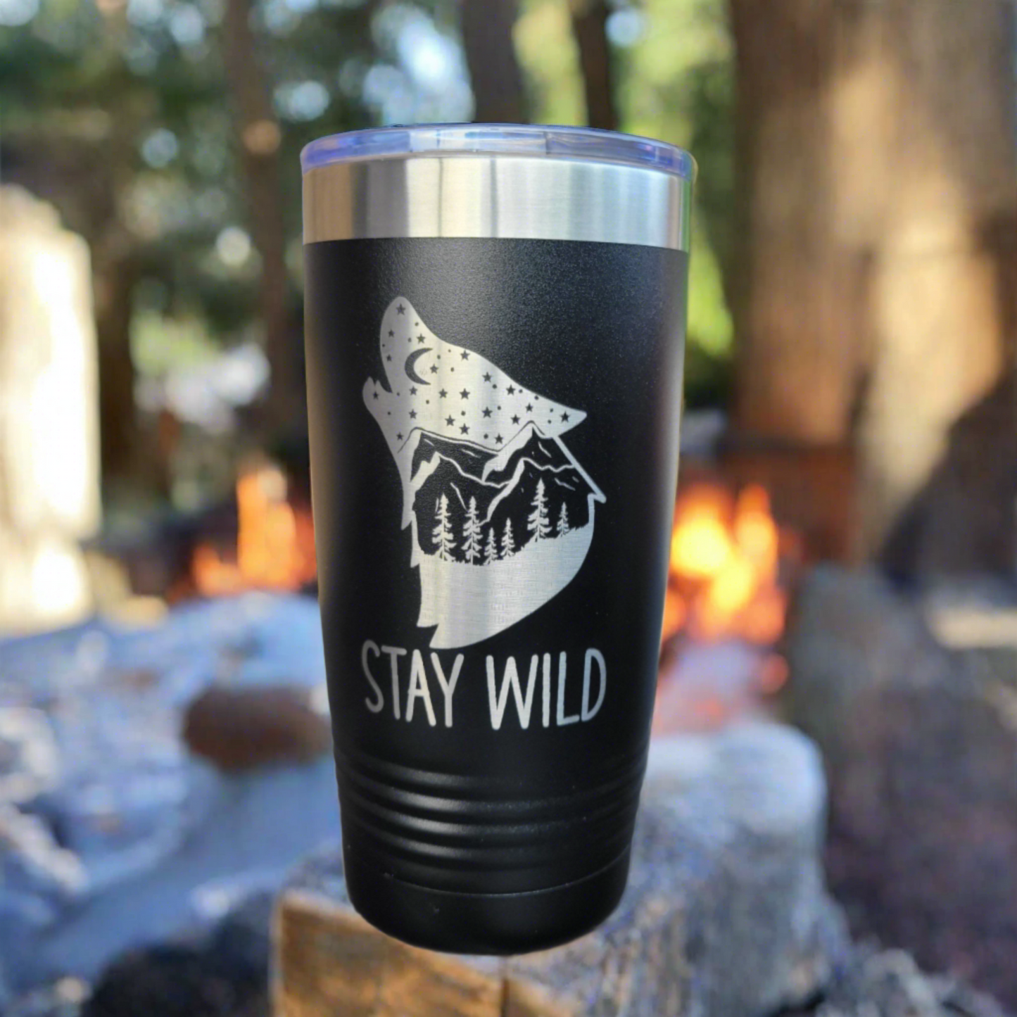 Camping Themed Insulated Tumbler, Engraved 20oz / 22oz/ 30oz Insulated Tumbler / Bottle - Wolf Camping Tumbler - Stay Wild - Wood Unlimited#