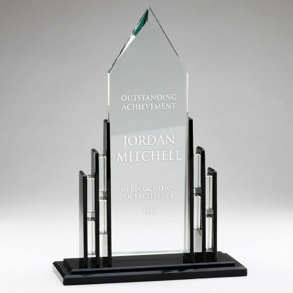 Personalized Cathedral Black Base acrylic award, custom laser engraved recognition award on a clean white studio background