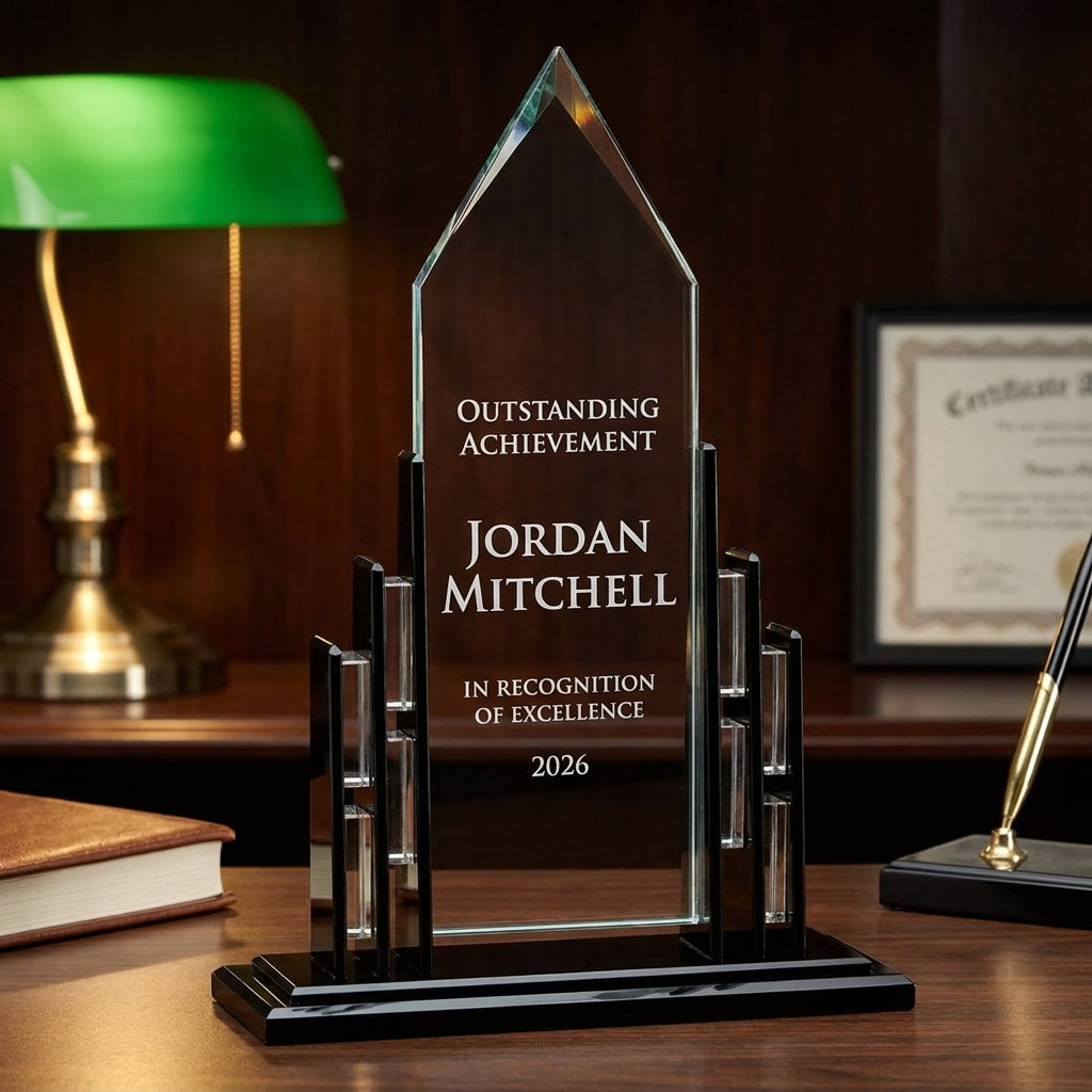 Personalized Cathedral Black Base acrylic award on a warm executive desk with a green banker's lamp, engraved corporate recognition and retirement gift