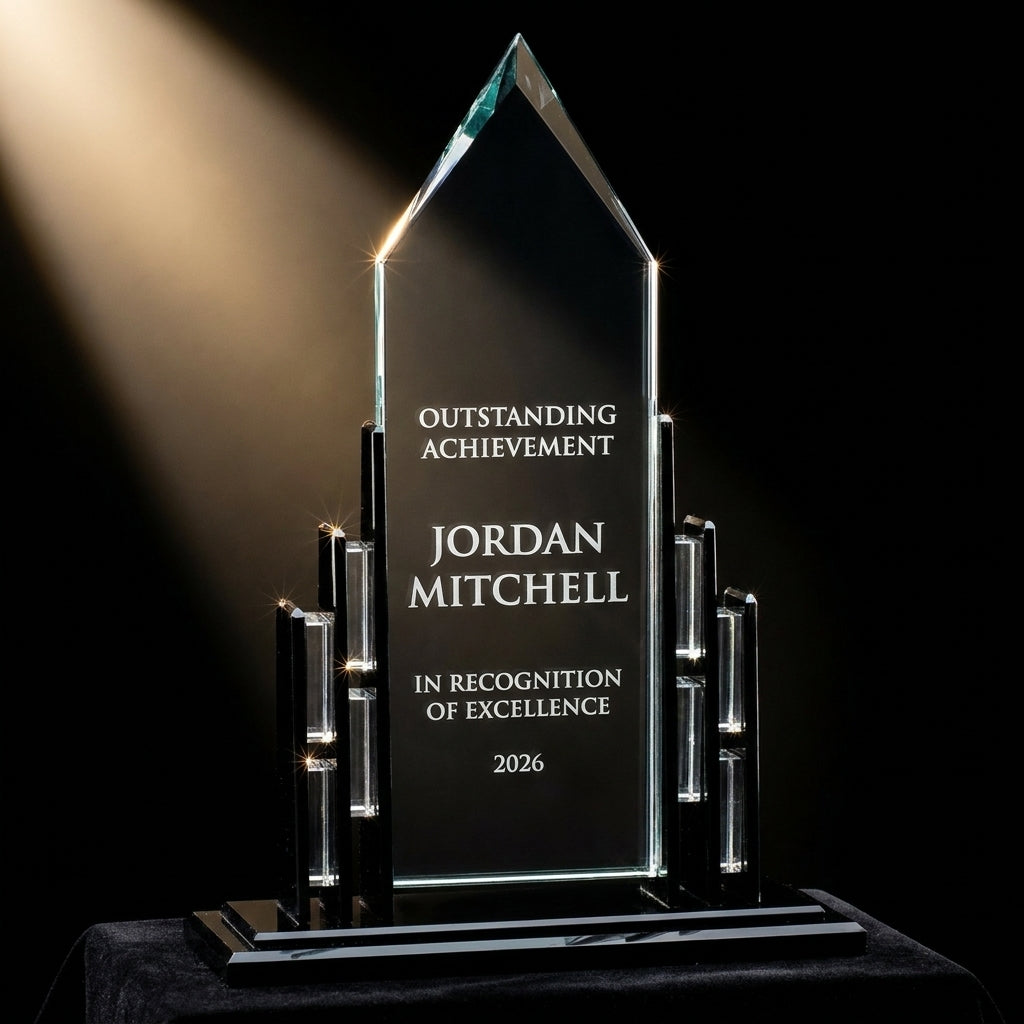 Personalized Cathedral Black Base acrylic award on black velvet under awards-ceremony spotlight, engraved champion and lifetime achievement award