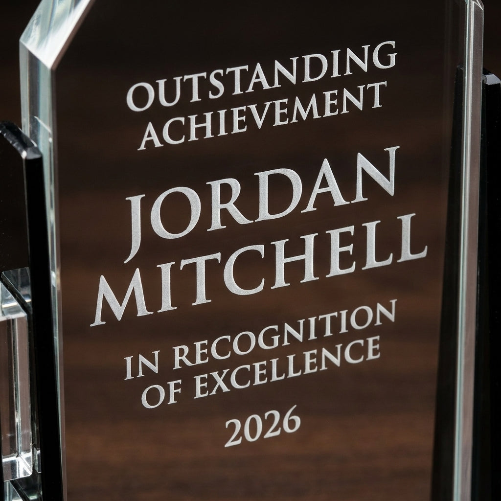 Close-up of the custom laser engraving on a personalized Cathedral Black Base acrylic award, showing crisp permanent personalization