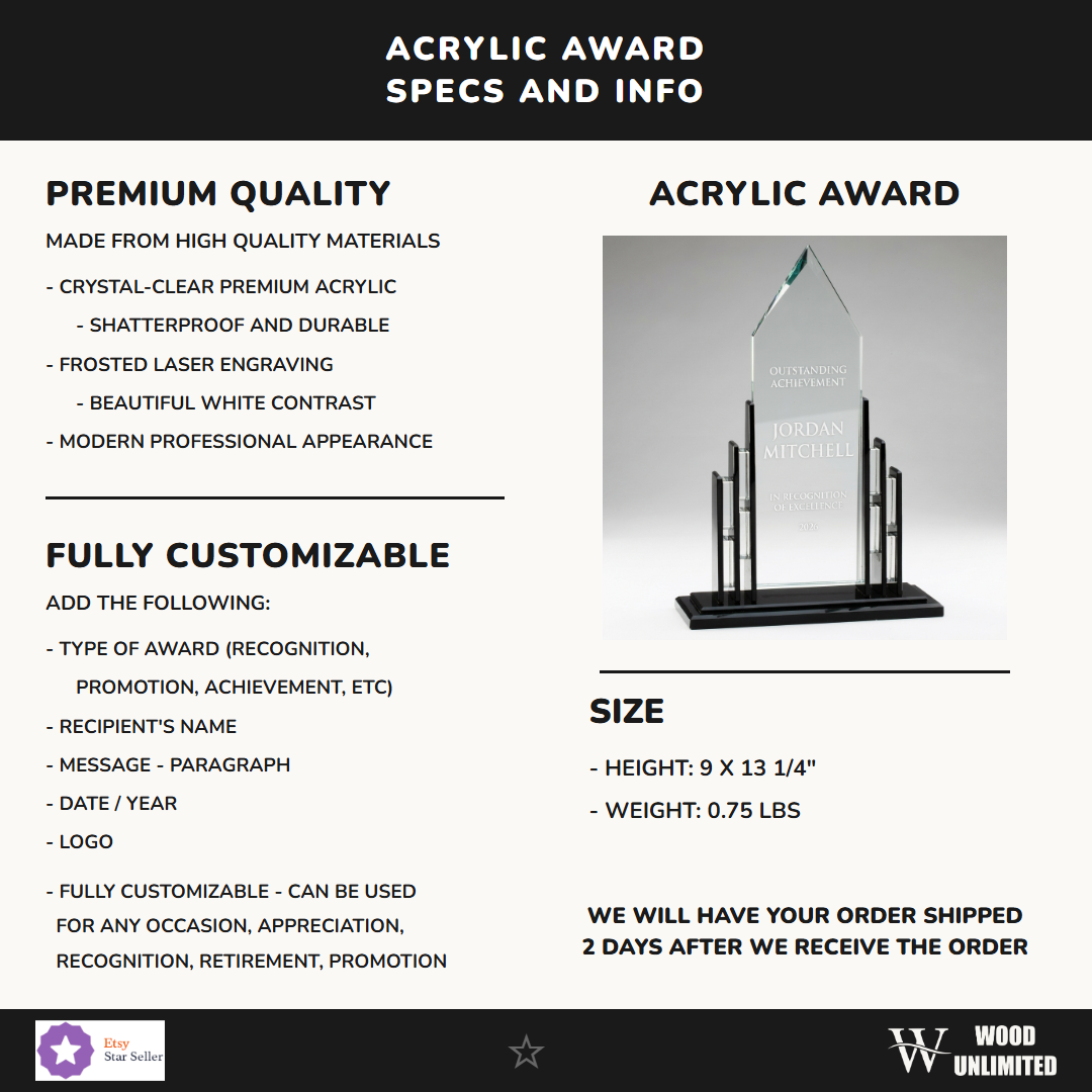 Specifications for the personalized Cathedral Black Base acrylic award — materials, engraving, and features