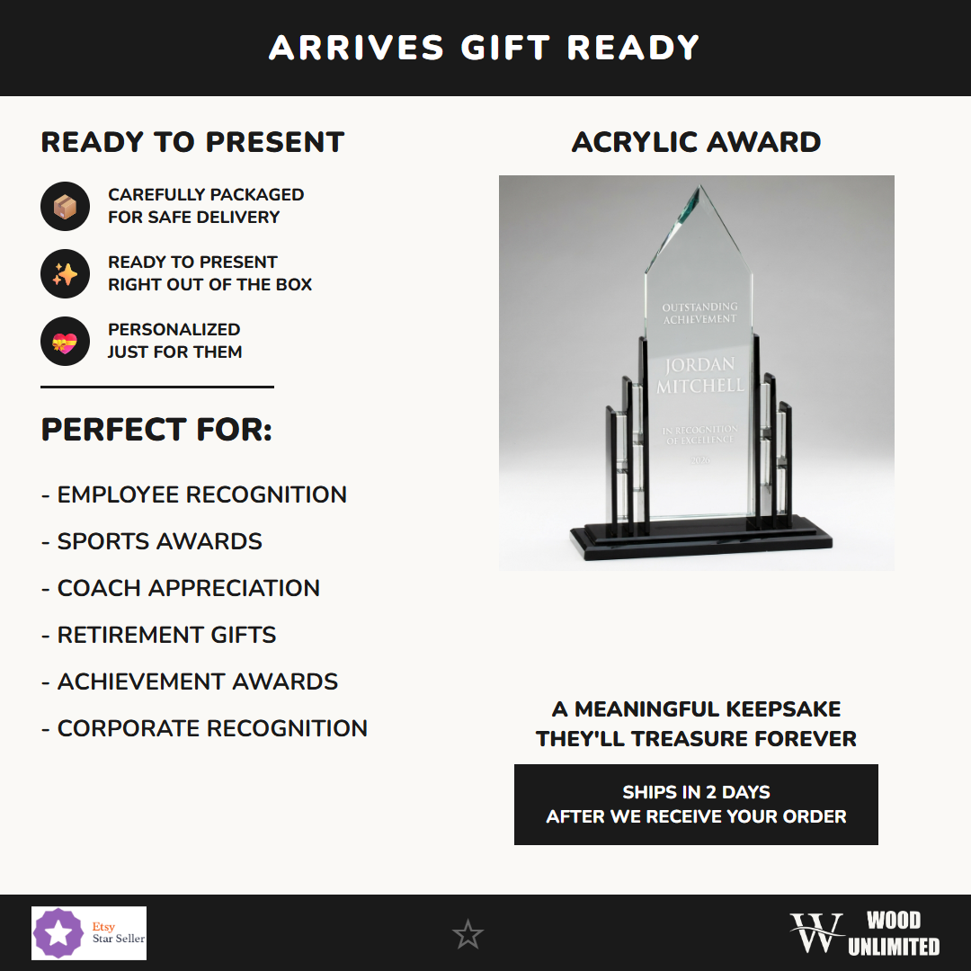 Gift-ready personalized Cathedral Black Base acrylic award, perfect for ceremonies, retirements, and corporate recognition