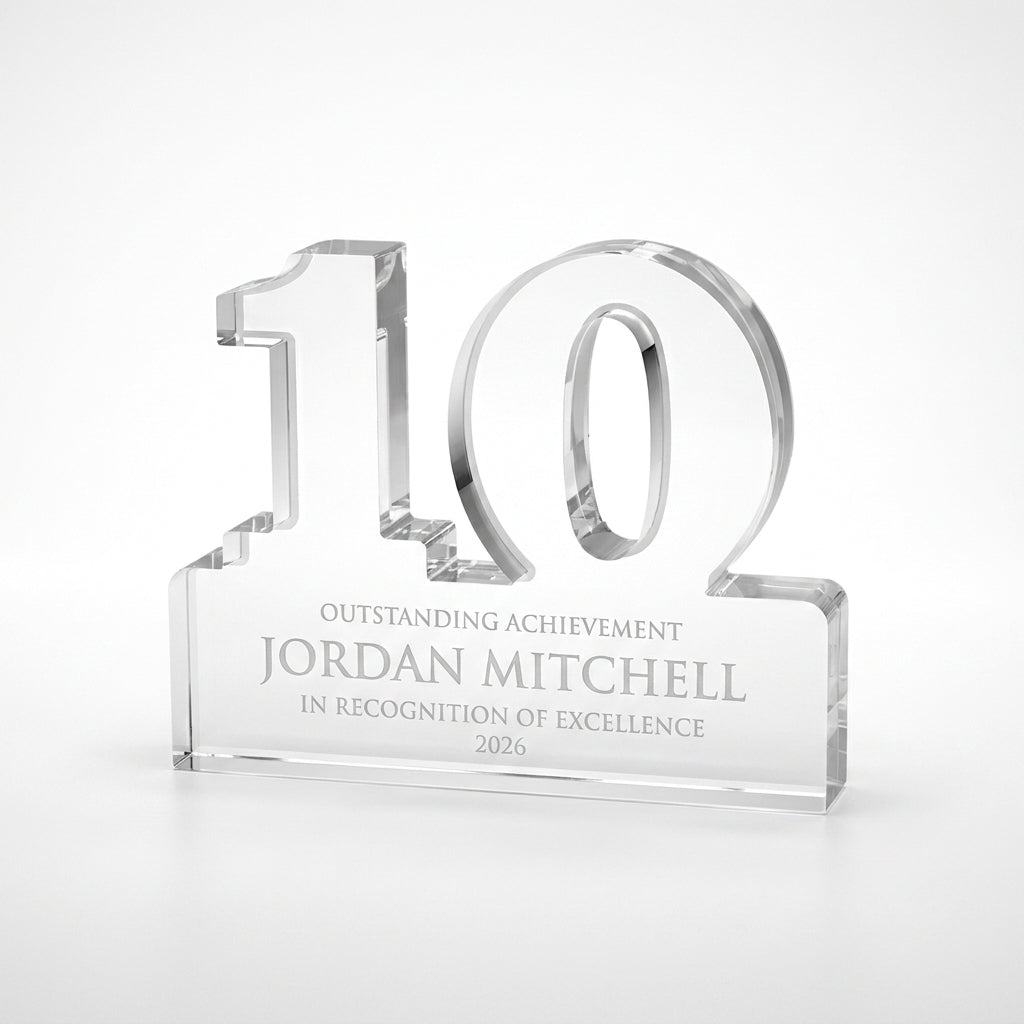 Personalized Celebrate Blu acrylic award, custom laser engraved recognition award on a clean white studio background