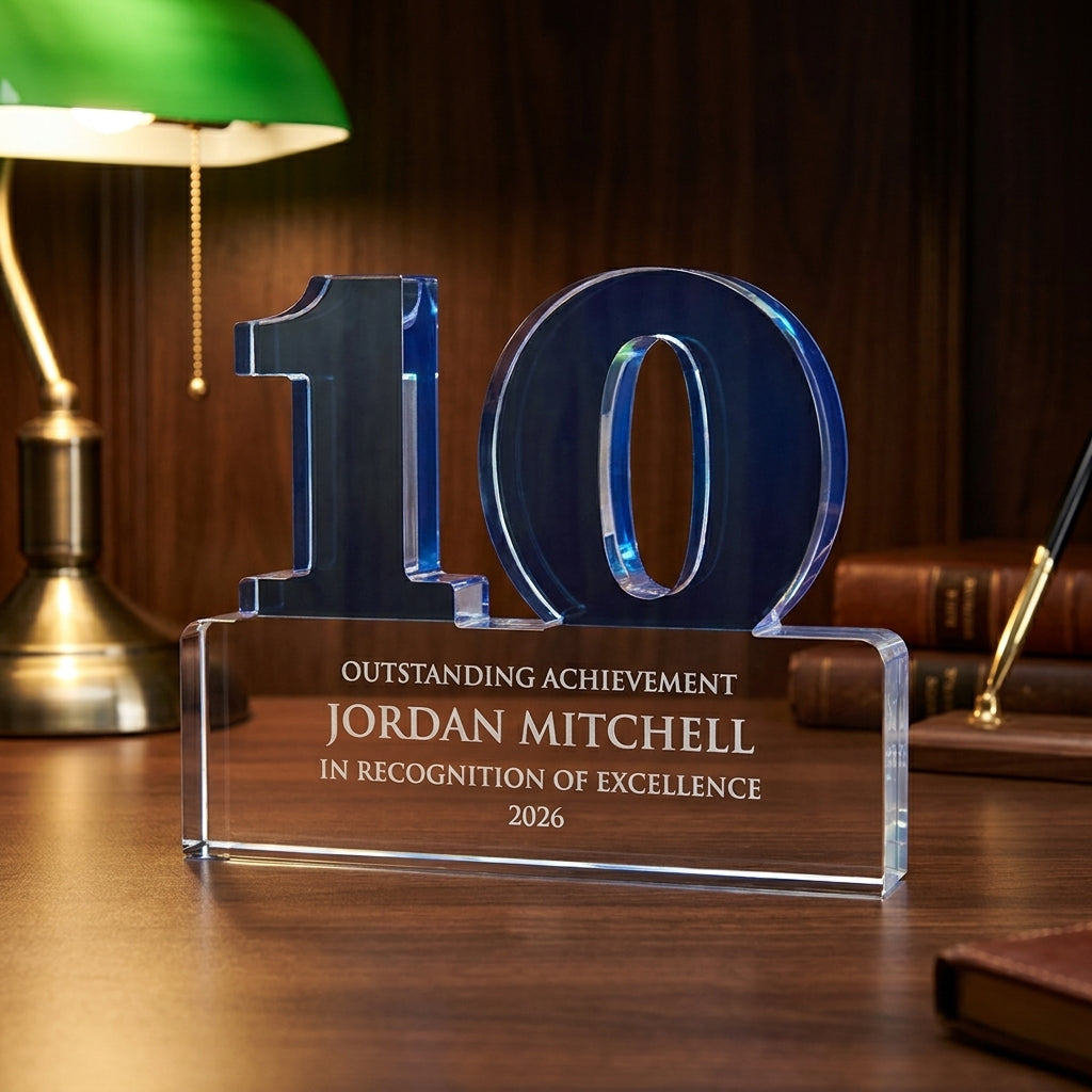 Personalized Celebrate Blu acrylic award on a warm executive desk with a green banker's lamp, engraved corporate recognition and retirement gift
