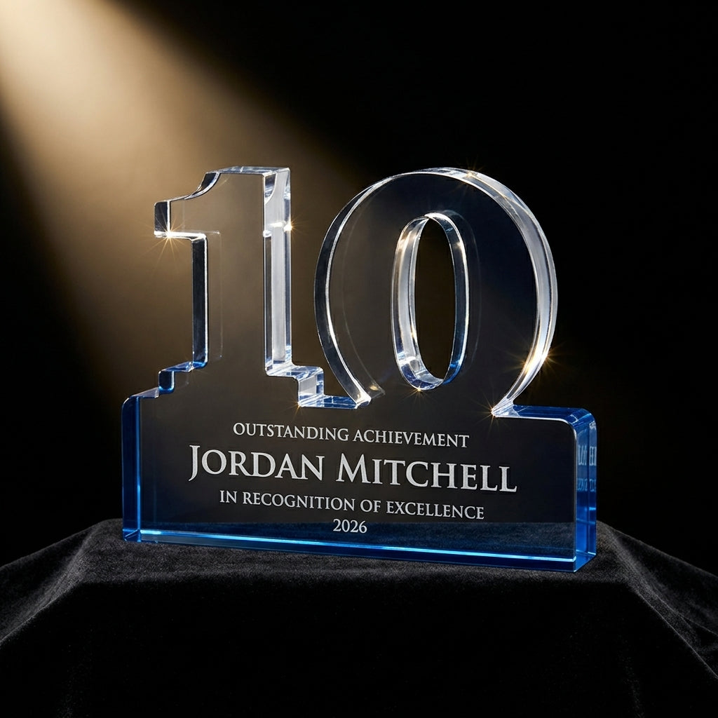 Personalized Celebrate Blu acrylic award on black velvet under awards-ceremony spotlight, engraved champion and lifetime achievement award