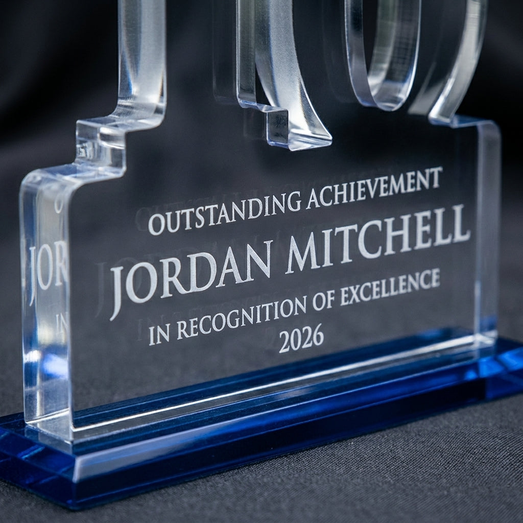 Close-up of the custom laser engraving on a personalized Celebrate Blu acrylic award, showing crisp permanent personalization