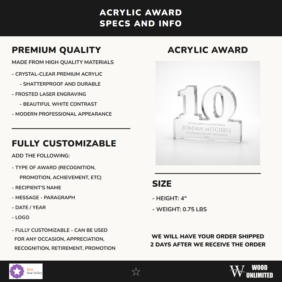 Specifications for the personalized Celebrate Blu acrylic award — materials, engraving, and features