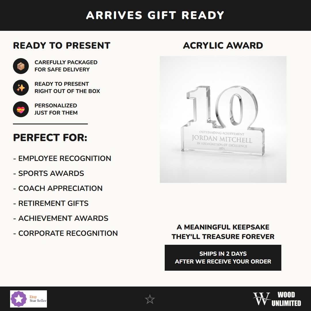 Gift-ready personalized Celebrate Blu acrylic award, perfect for ceremonies, retirements, and corporate recognition