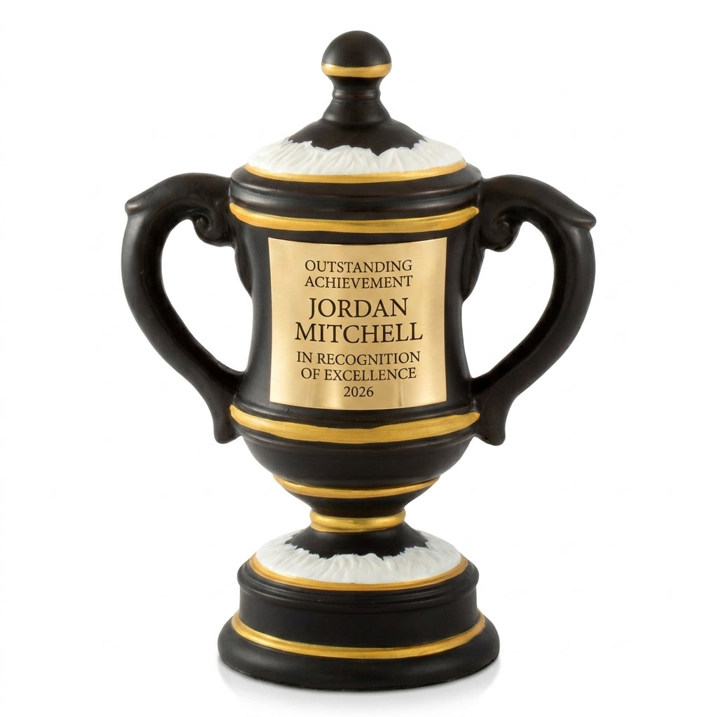 Personalized Ceramic Golf Cup cup trophy, custom laser engraved recognition award on a clean white studio background