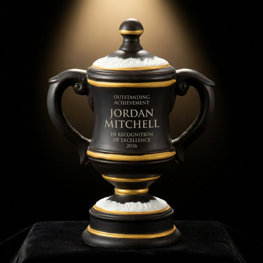 Personalized Ceramic Golf Cup cup trophy on black velvet under awards-ceremony spotlight, engraved champion and lifetime achievement award