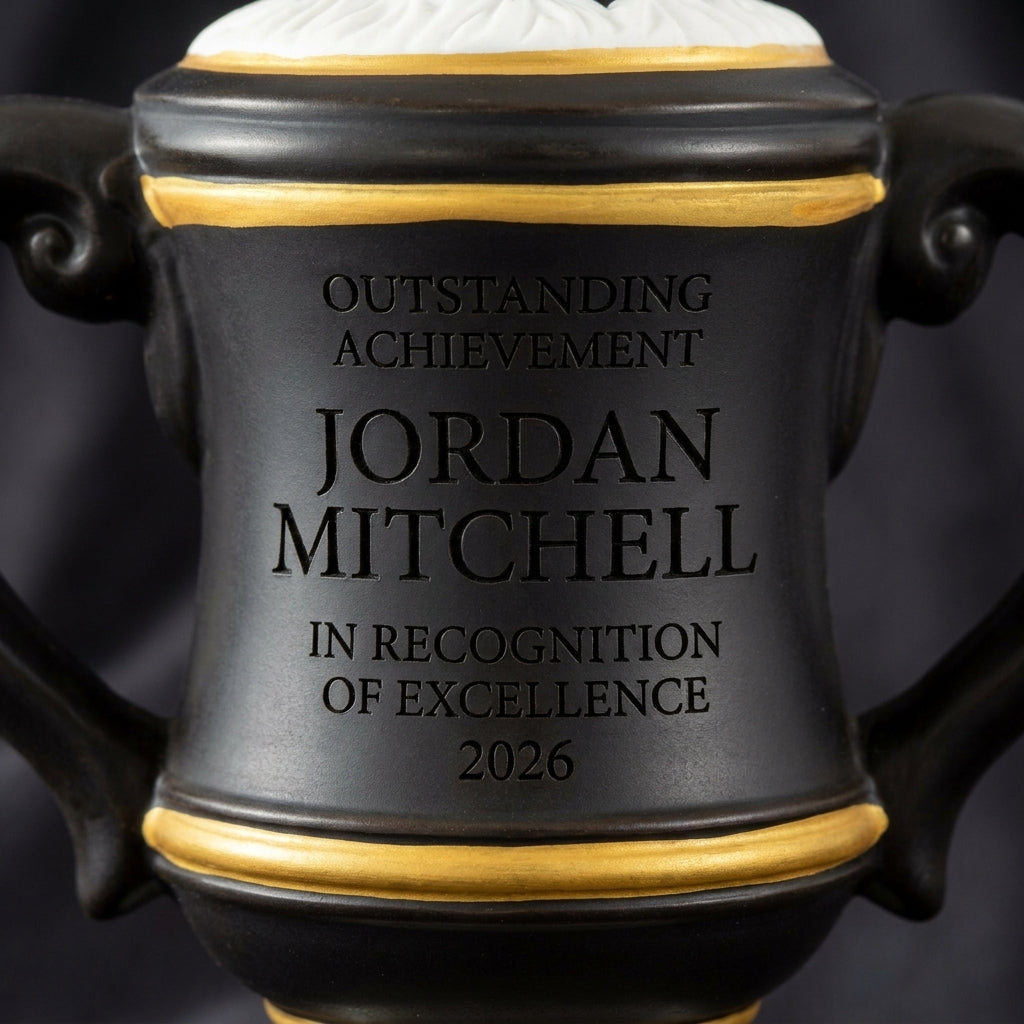 Close-up of the custom laser engraving on a personalized Ceramic Golf Cup cup trophy, showing crisp permanent personalization