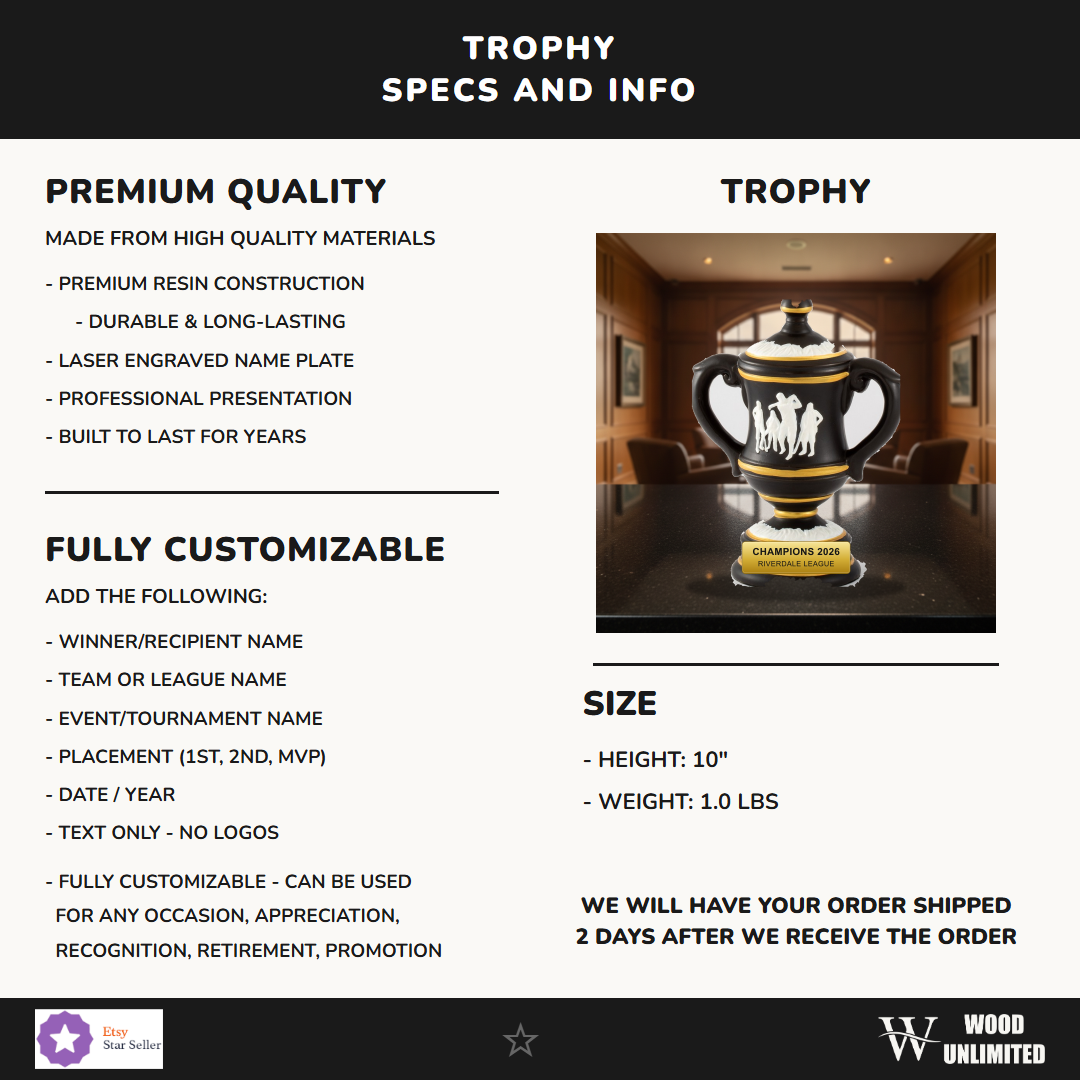 Specifications for the personalized Ceramic Golf Cup cup trophy — materials, engraving, and features