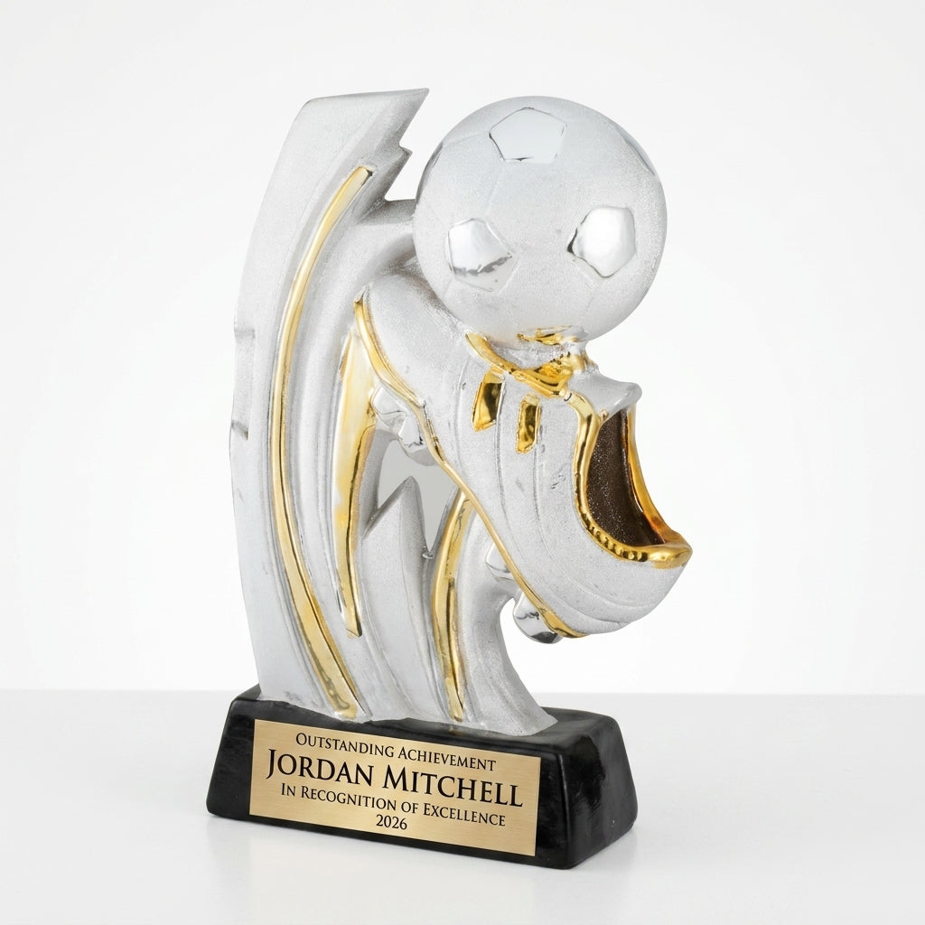 Personalized Ceramic Soccer Slam Award resin award, custom laser engraved recognition award on a clean white studio background