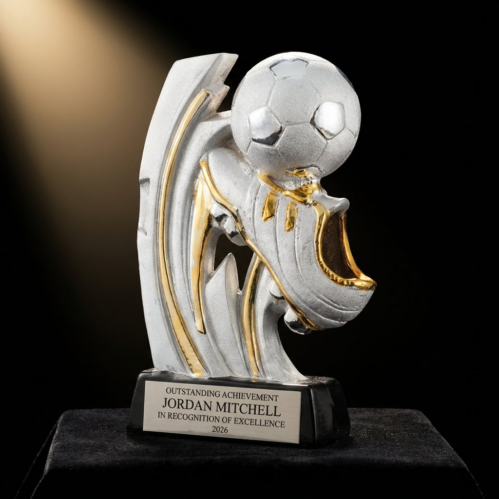 Personalized Ceramic Soccer Slam Award resin award on black velvet under awards-ceremony spotlight, engraved champion and lifetime achievement award