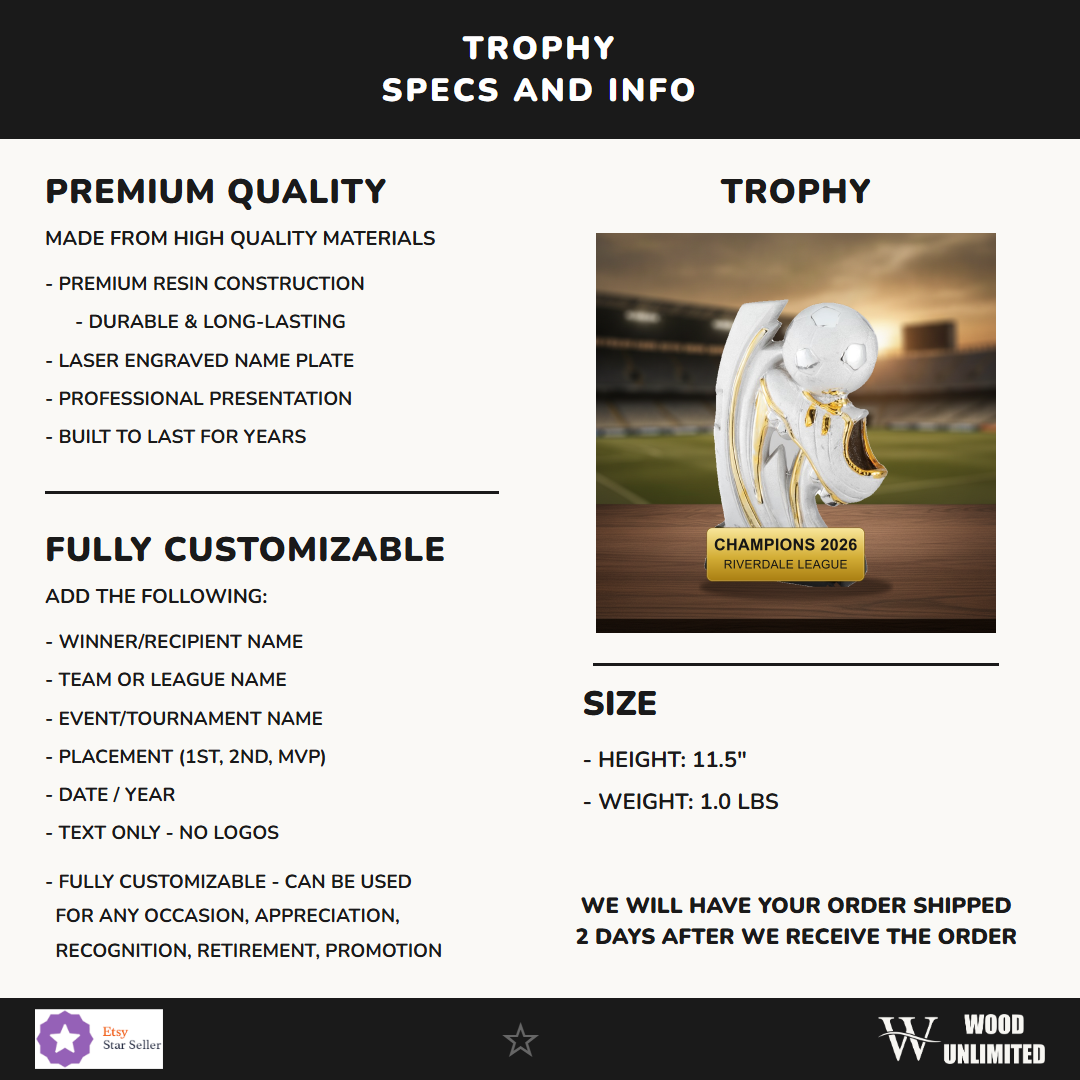 Specifications for the personalized Ceramic Soccer Slam Award resin award — materials, engraving, and features