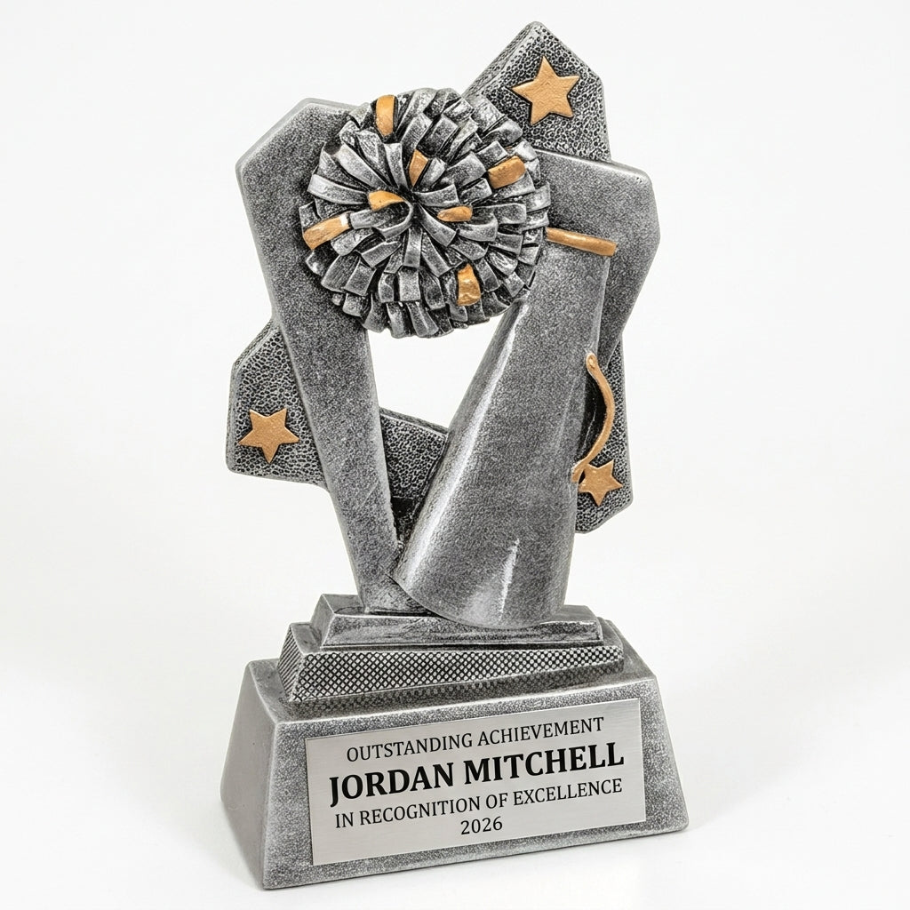 Personalized Cheer Triumph Resin Award resin award, custom laser engraved recognition award on a clean white studio background