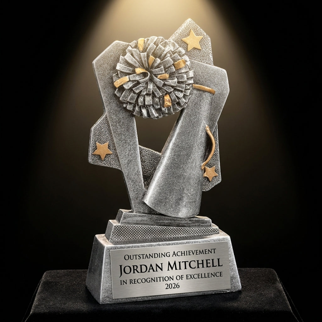 Personalized Cheer Triumph Resin Award resin award on black velvet under awards-ceremony spotlight, engraved champion and lifetime achievement award