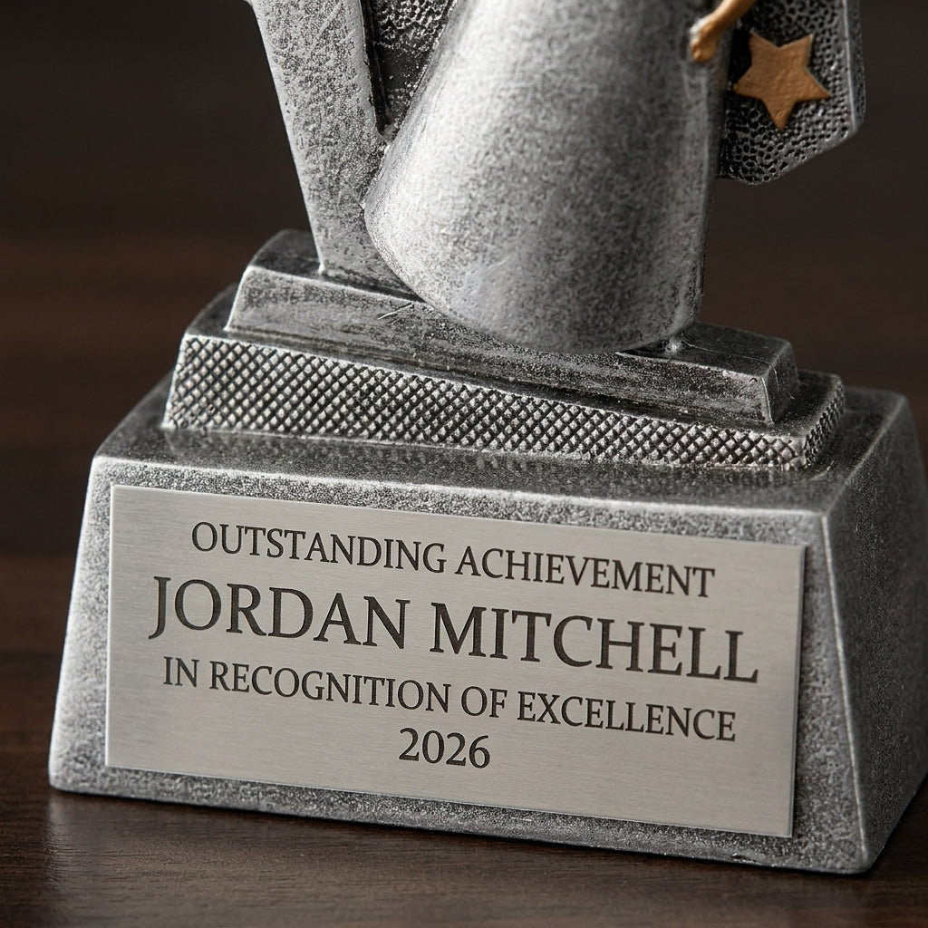 Close-up of the custom laser engraving on a personalized Cheer Triumph Resin Award resin award, showing crisp permanent personalization
