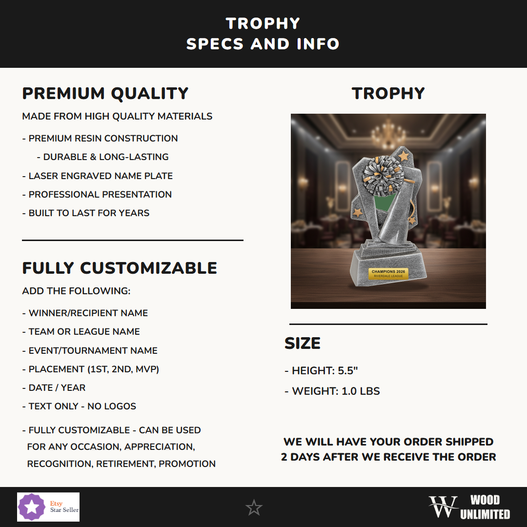 Specifications for the personalized Cheer Triumph Resin Award resin award — materials, engraving, and features