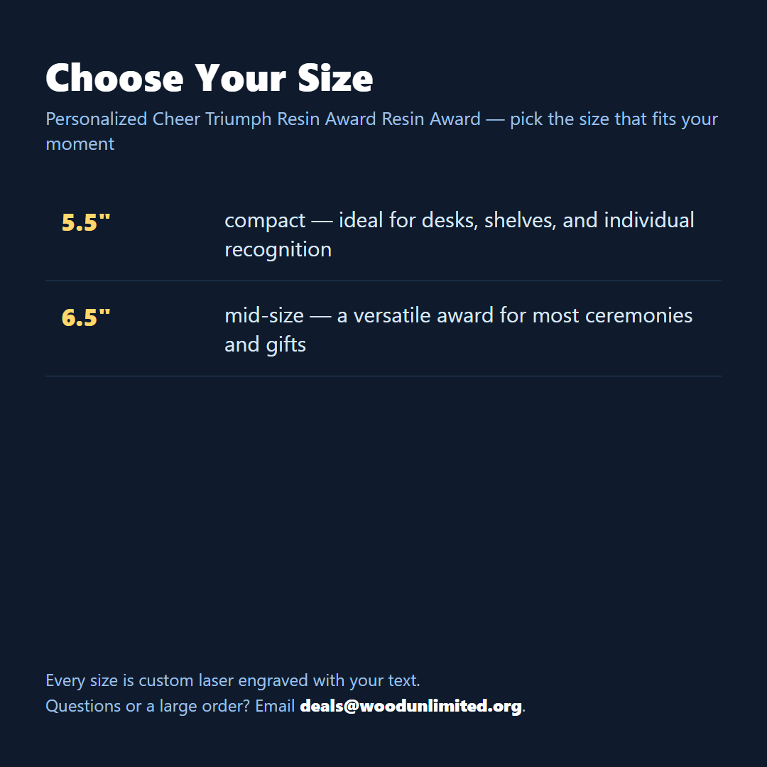 Size guide for the personalized Cheer Triumph Resin Award resin award, choose the size that fits your ceremony or gift