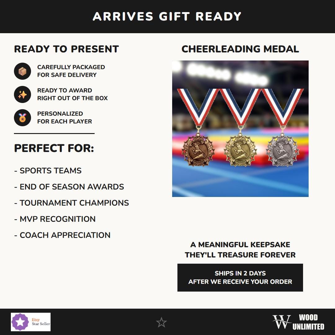 Set of cheerleading medal awards with colored neck ribbons for youth leagues, tournaments, and end-of-season recognition