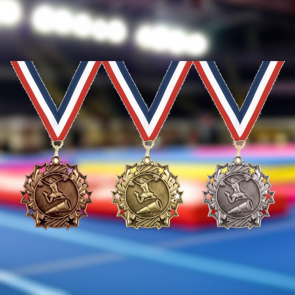 Personalized cheerleading medal in gold, silver, and bronze with custom engraved text and neck ribbon