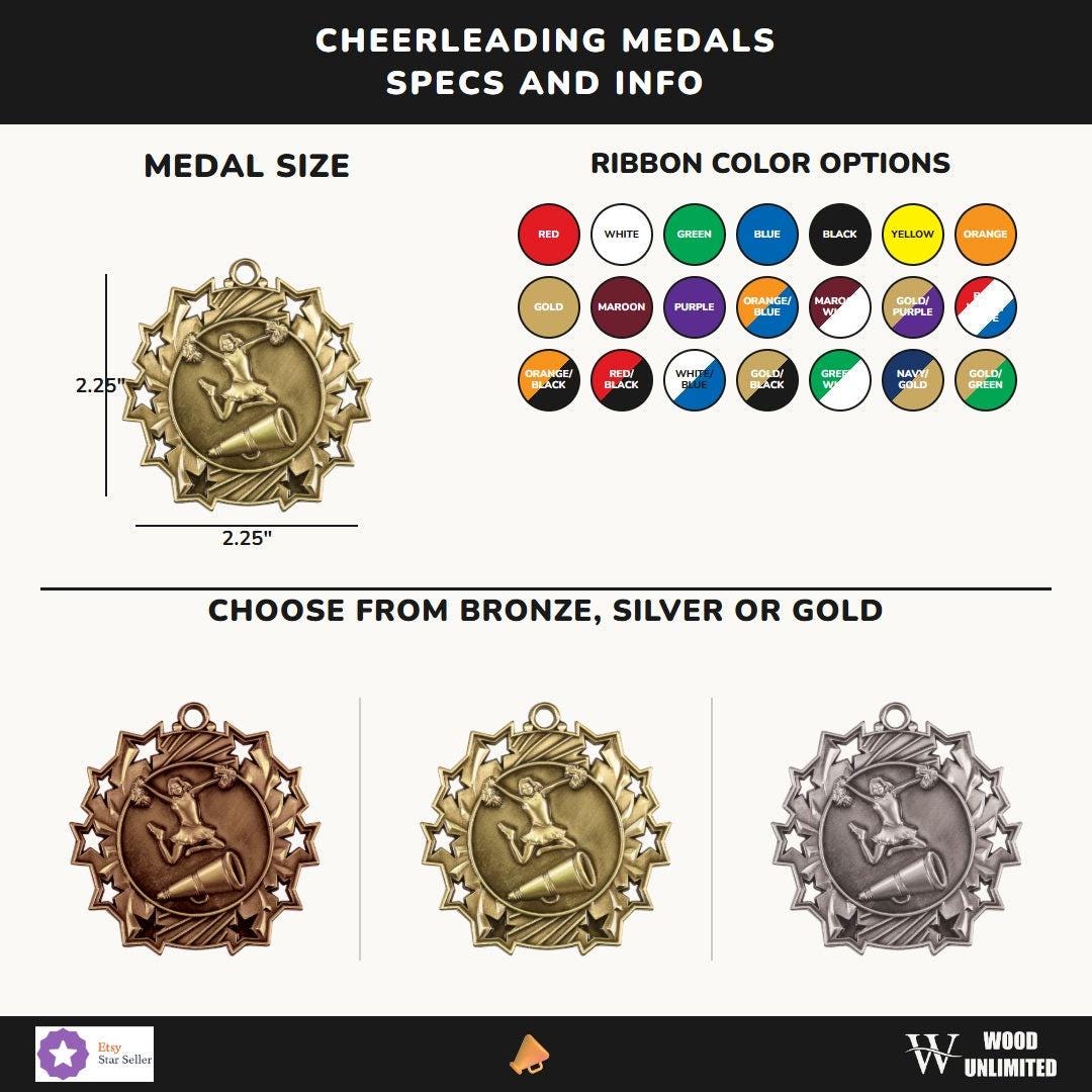 Close-up of custom engraved cheerleading medal showing personalized text and polished finish