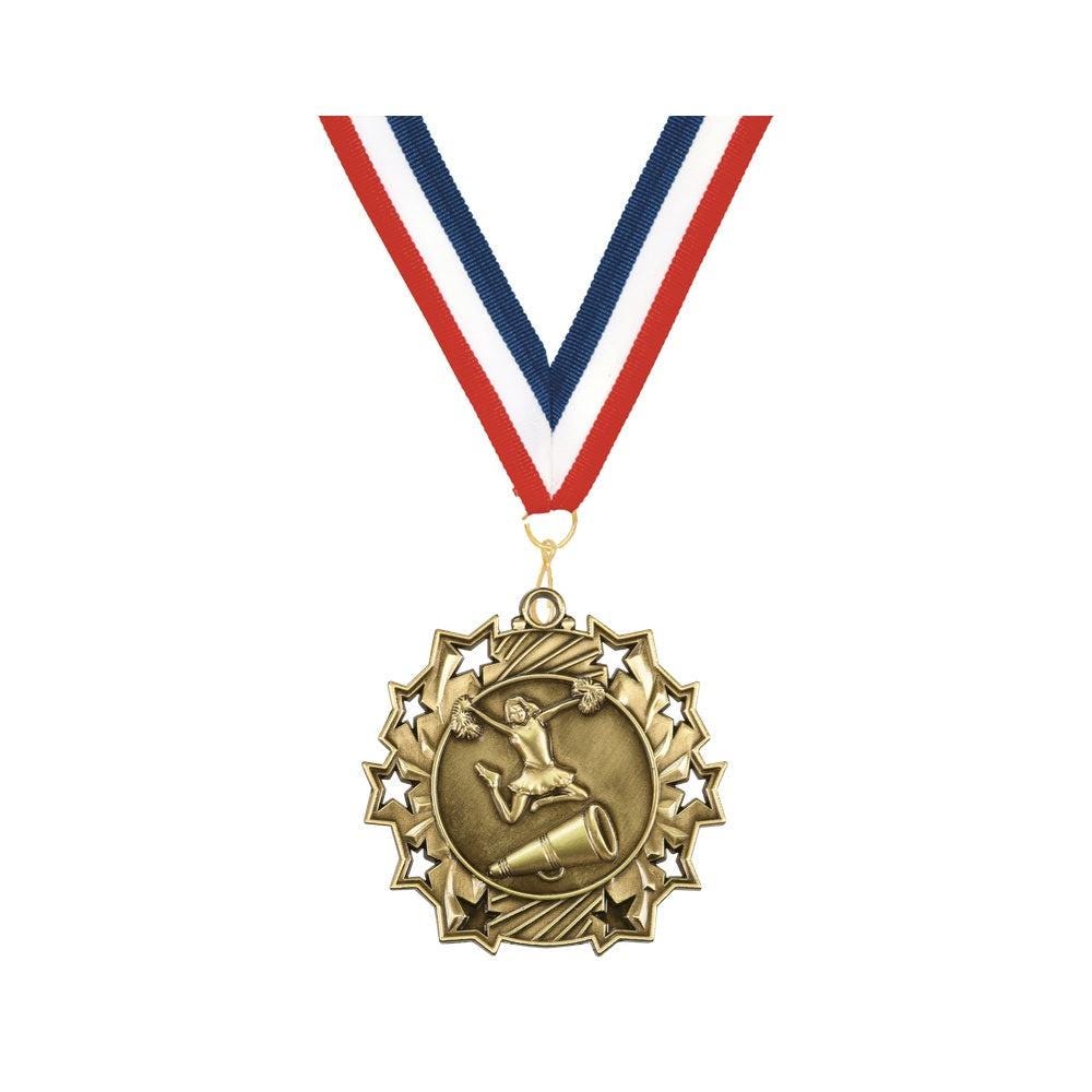 How to order personalized cheerleading medal: select medal, choose ribbon color, add custom text