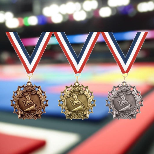 Cheerleading medal specifications showing size, material, ribbon colors, and engraving options