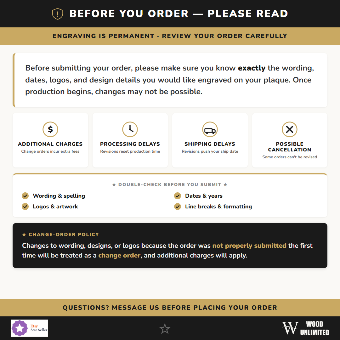 Reminder to double-check your Army rank, name spelling, and dates before checkout - a proof is emailed before engraving begins