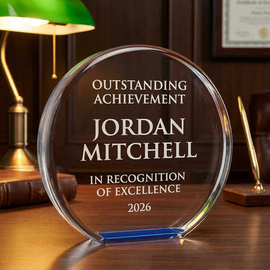 Personalized Circle Mirror acrylic award on a warm executive desk with a green banker's lamp, engraved corporate recognition and retirement gift