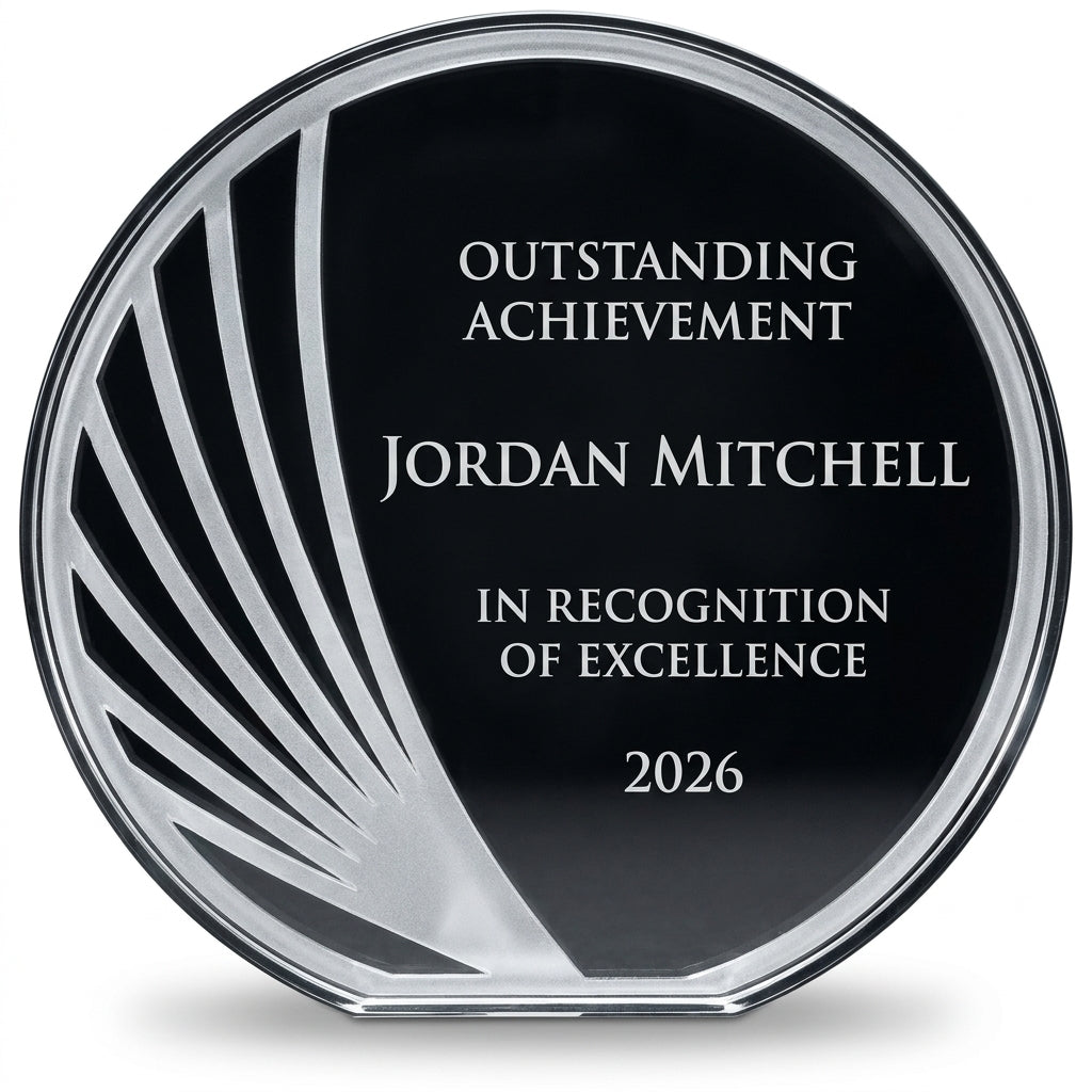 Personalized Circle acrylic award, custom laser engraved recognition award on a clean white studio background