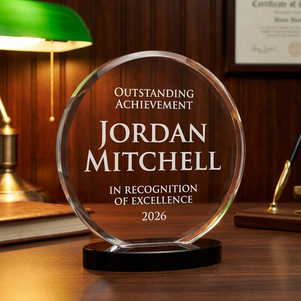 Personalized Circle acrylic award on a warm executive desk with a green banker's lamp, engraved corporate recognition and retirement gift