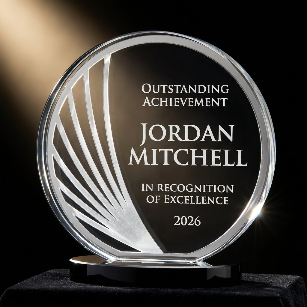 Personalized Circle acrylic award on black velvet under awards-ceremony spotlight, engraved champion and lifetime achievement award