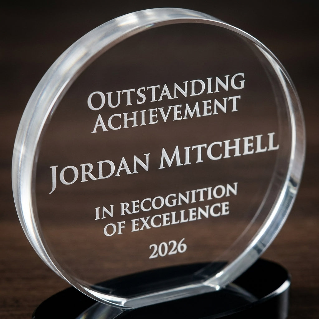 Close-up of the custom laser engraving on a personalized Circle acrylic award, showing crisp permanent personalization