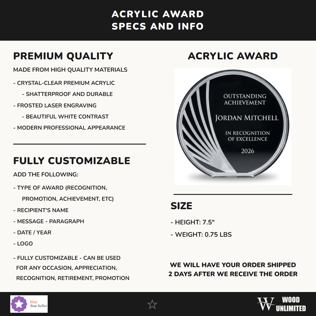 Specifications for the personalized Circle acrylic award — materials, engraving, and features