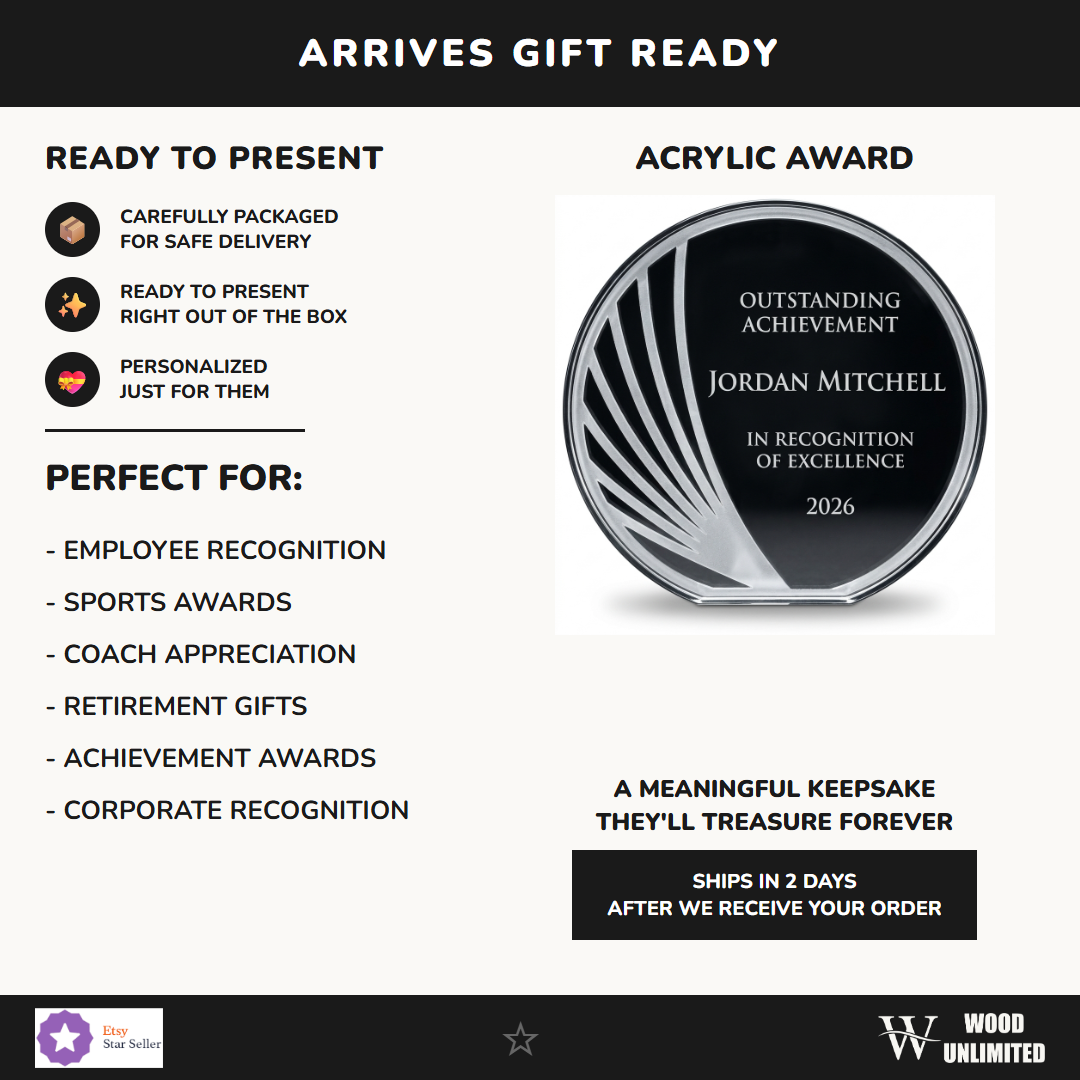 Gift-ready personalized Circle acrylic award, perfect for ceremonies, retirements, and corporate recognition