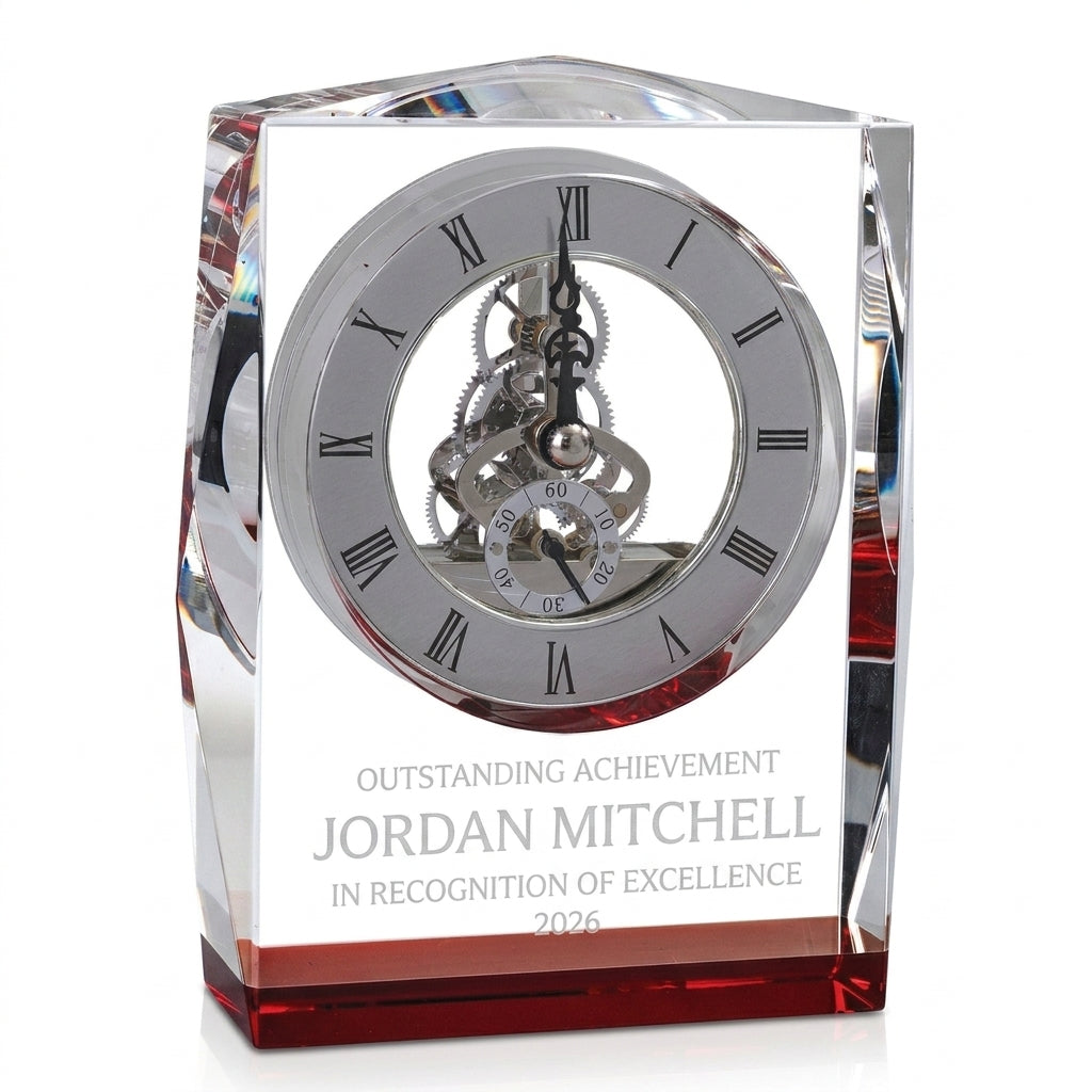 Personalized Clock crystal award, custom laser engraved recognition award on a clean white studio background