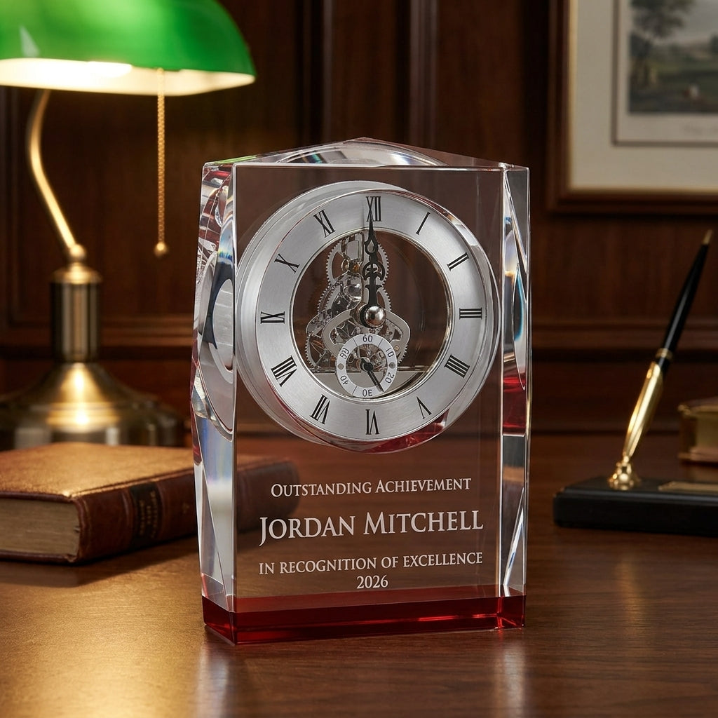 Personalized Clock crystal award on a warm executive desk with a green banker's lamp, engraved corporate recognition and retirement gift