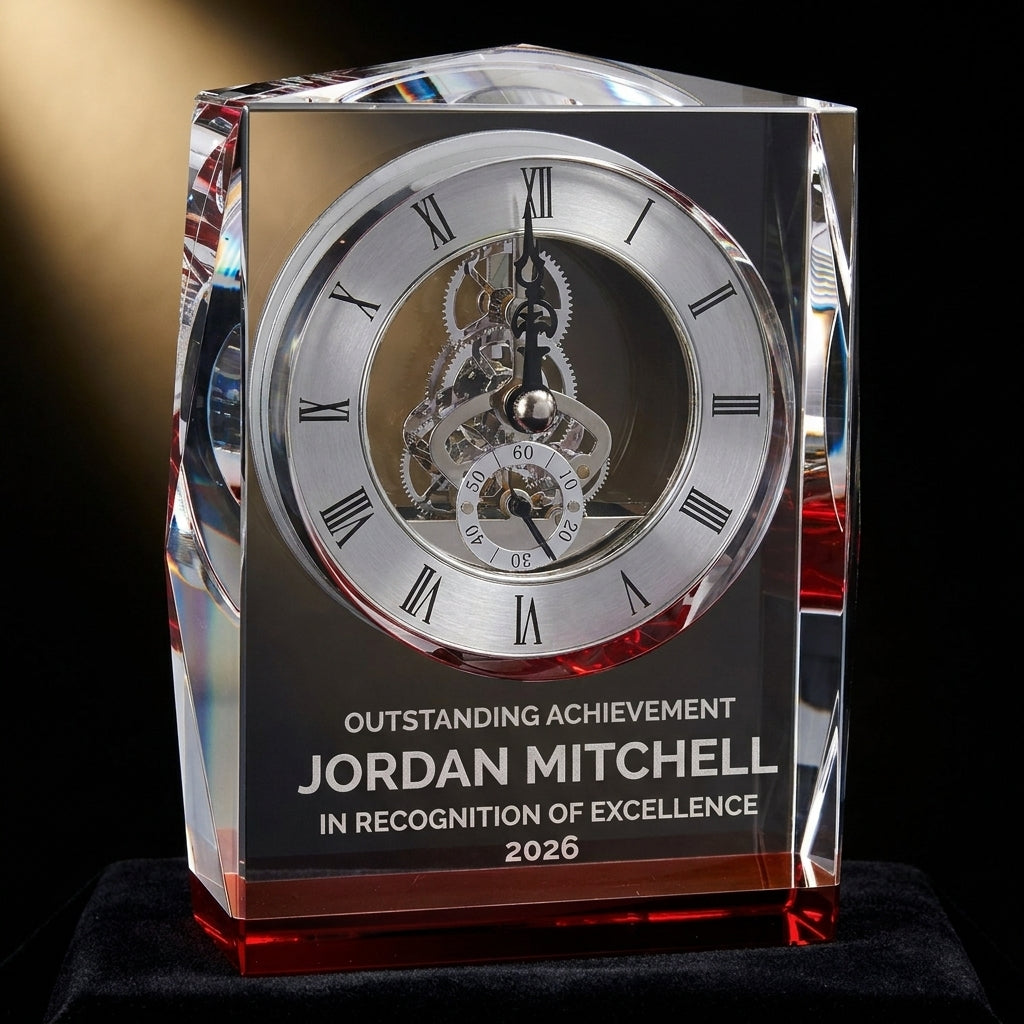Personalized Clock crystal award on black velvet under awards-ceremony spotlight, engraved champion and lifetime achievement award