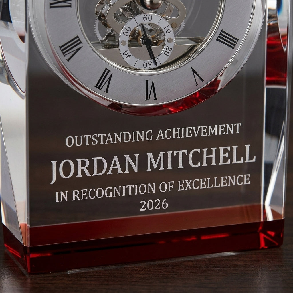 Close-up of the custom laser engraving on a personalized Clock crystal award, showing crisp permanent personalization