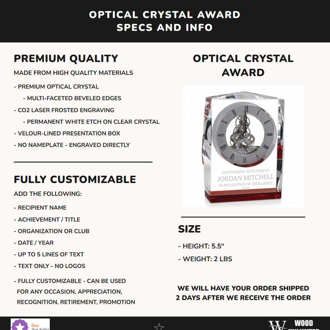 Specifications for the personalized Clock crystal award — materials, engraving, and features