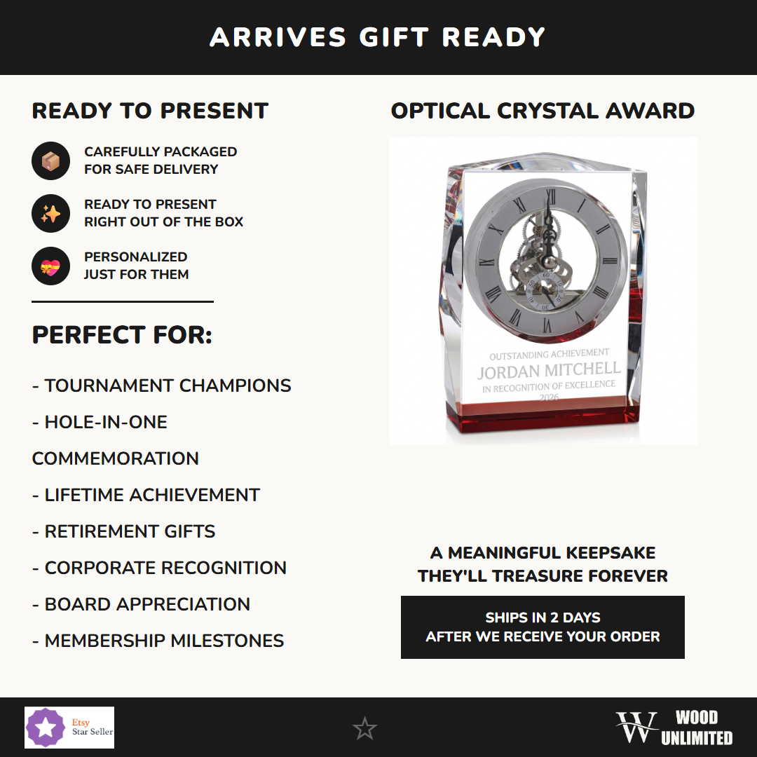 Gift-ready personalized Clock crystal award, perfect for ceremonies, retirements, and corporate recognition