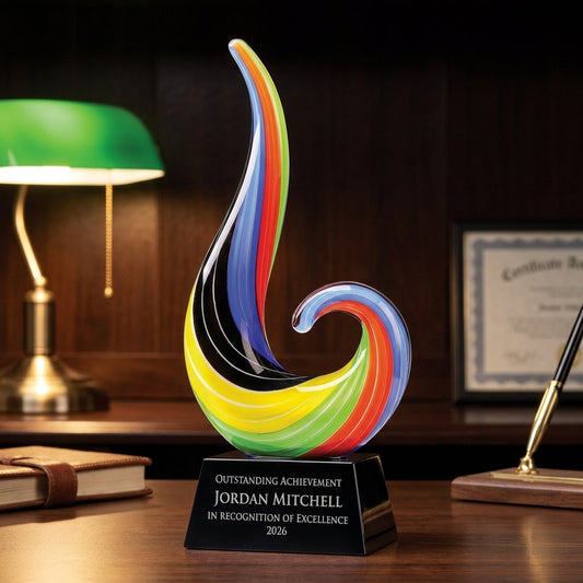 Personalized Color Flame Large art glass award on a warm executive desk with a green banker's lamp, engraved corporate recognition and retirement gift