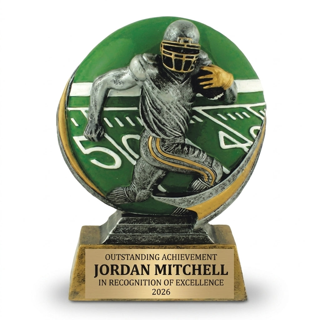 Personalized Color Football Player Resin Trophy resin award, custom laser engraved recognition award on a clean white studio background